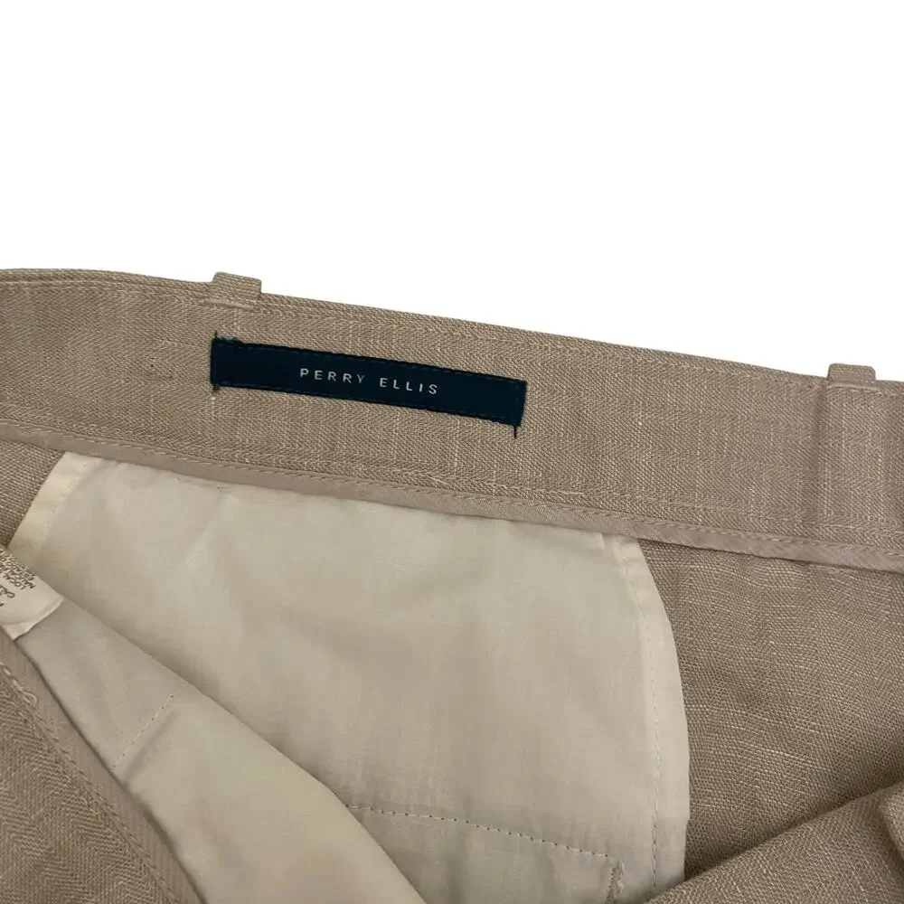 NWT Men's Perry Ellis Size 50 x 32 Linen & Cotton Blend Tan Chino Pants Trousers